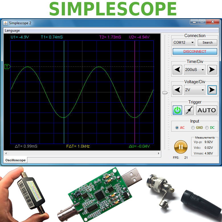 Одноканальный цифровой USB осциллограф Simplescope